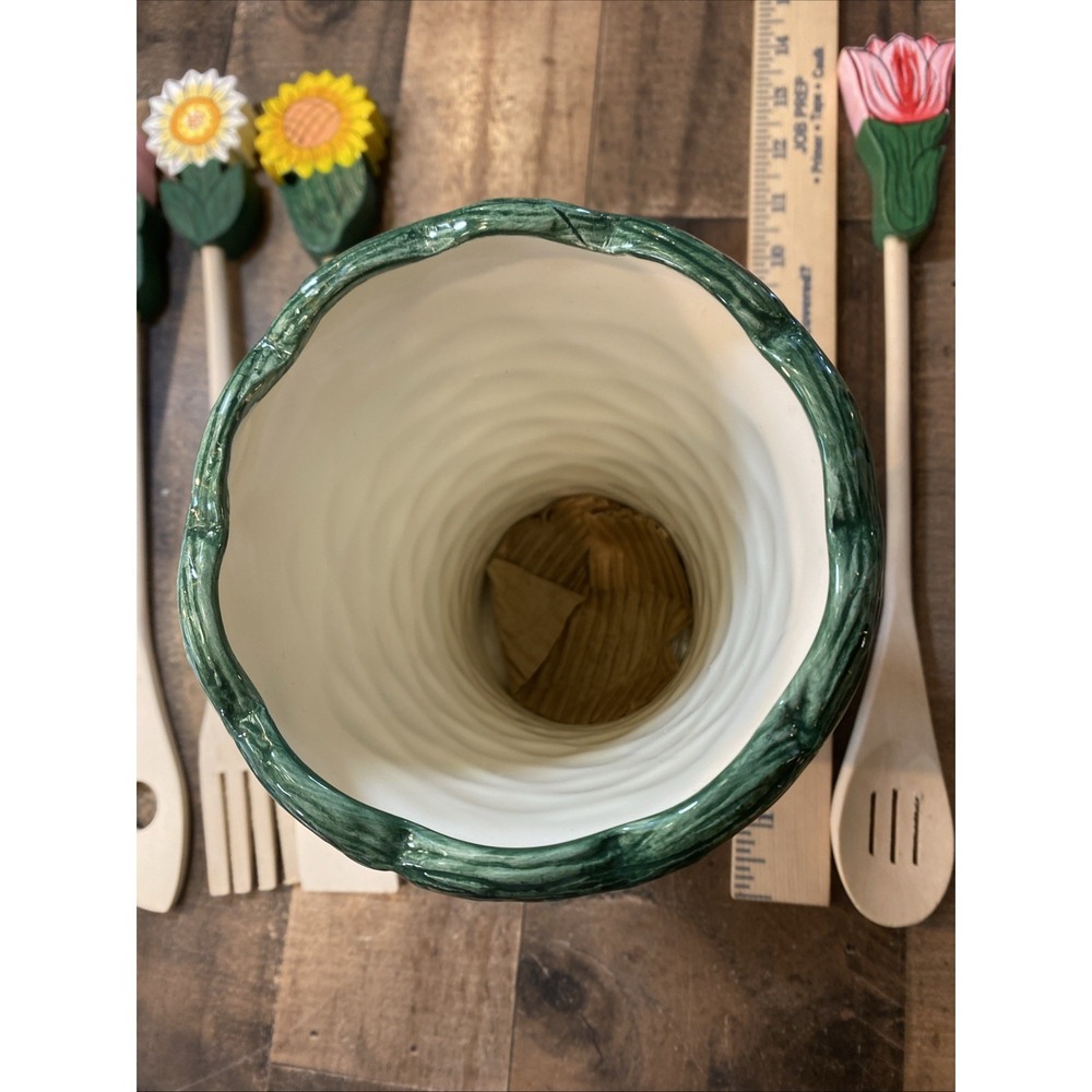 Wooden Cooking‎ Utensil 6 Hand Painted Flower Handle Ceramic Basket Tool Holder - Picture 10 of 16